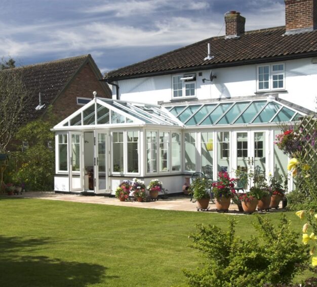 P-Shaped White Conservatory with Glass Roof